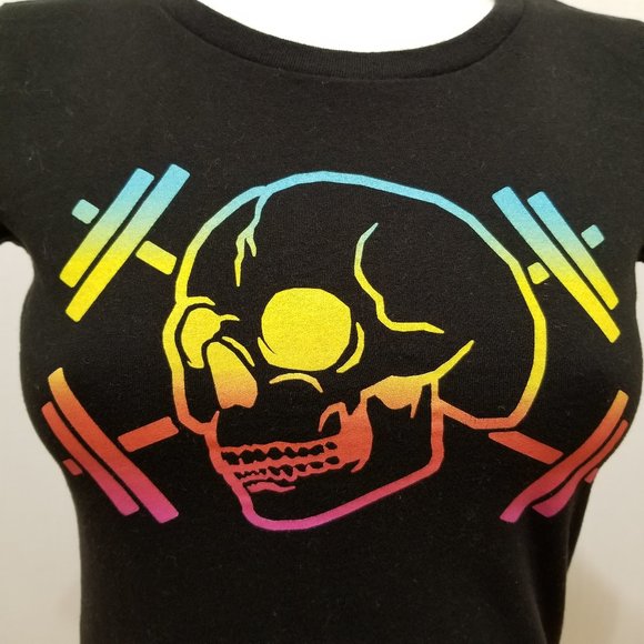 Reebok shirt Small skull & barbell crossbones graphic rainbow Pride goth punk - Picture 5 of 8